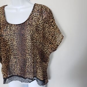 Black Poppy XL Brown Black Leopard Print Blouse Chiffon Lace Trim Batwing Top